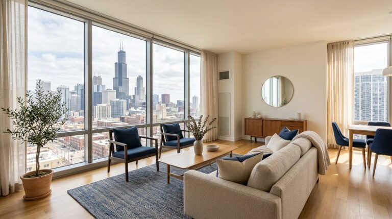 Bright modern Chicago apartment interior with skyline view through large window