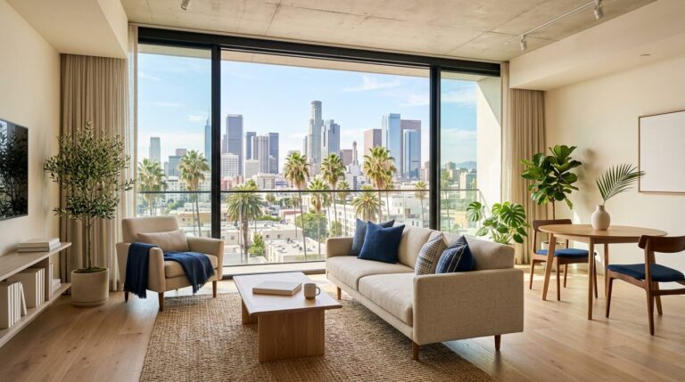 Bright modern Los Angeles apartment interior with a downtown LA skyline and palm trees visible through the window