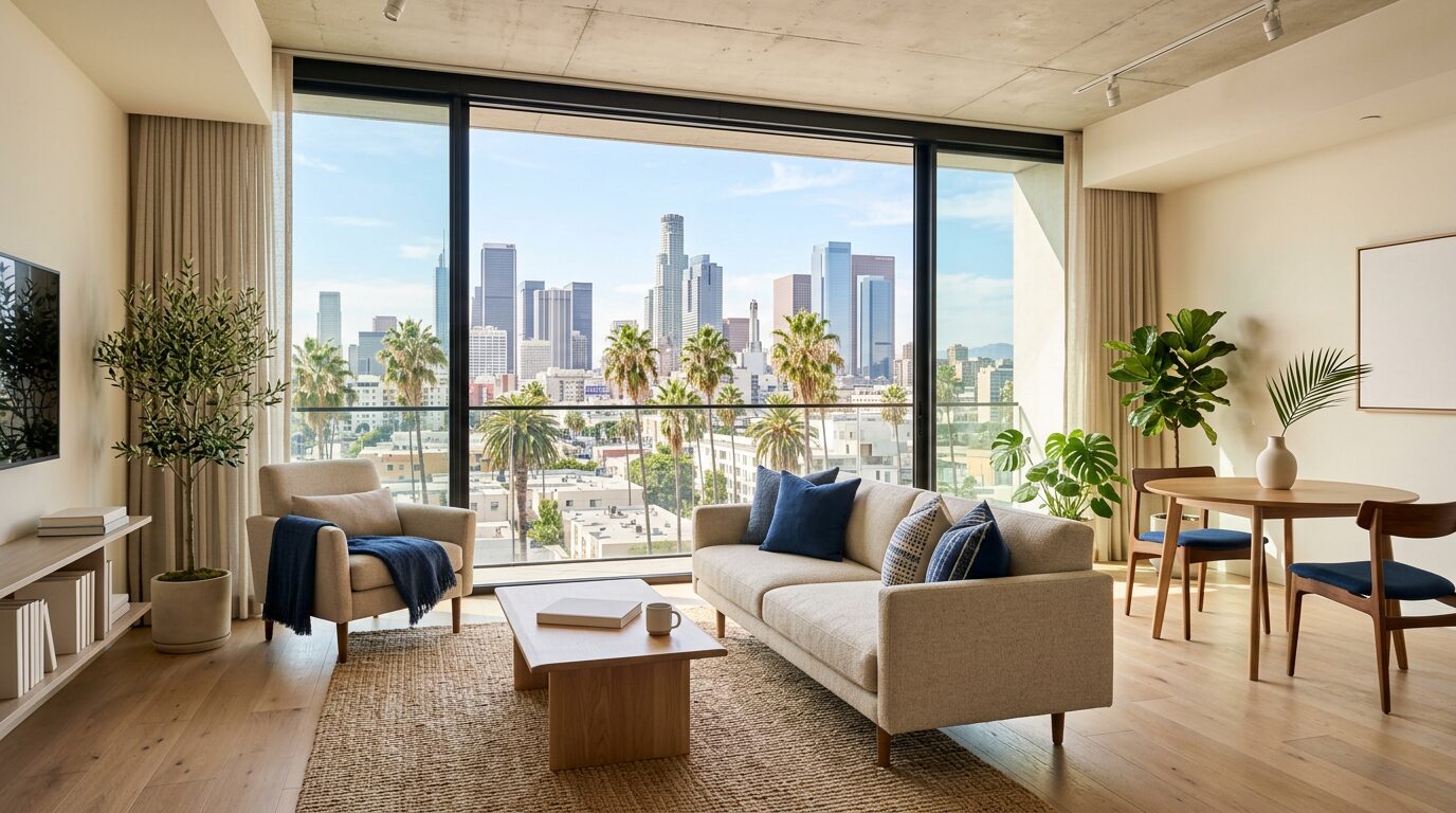 Bright modern Los Angeles apartment interior with a downtown LA skyline and palm trees visible through the window