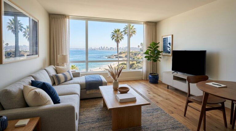 Bright modern San Diego apartment interior with Pacific coast view through large window