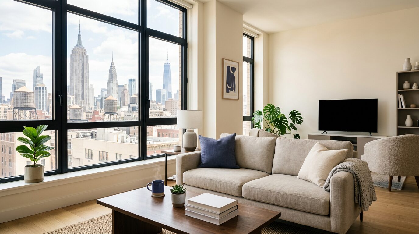 Bright modern NYC apartment interior with Manhattan skyline view — renters insurance for New York City